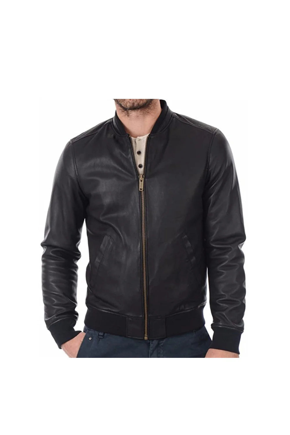 Men's Black Bomber Style Real Leather Jacket