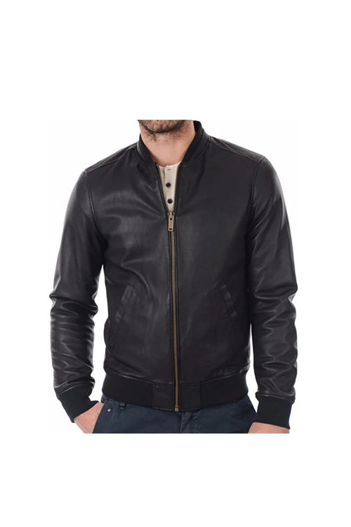 Men's Black Bomber Style Real Leather Jacket