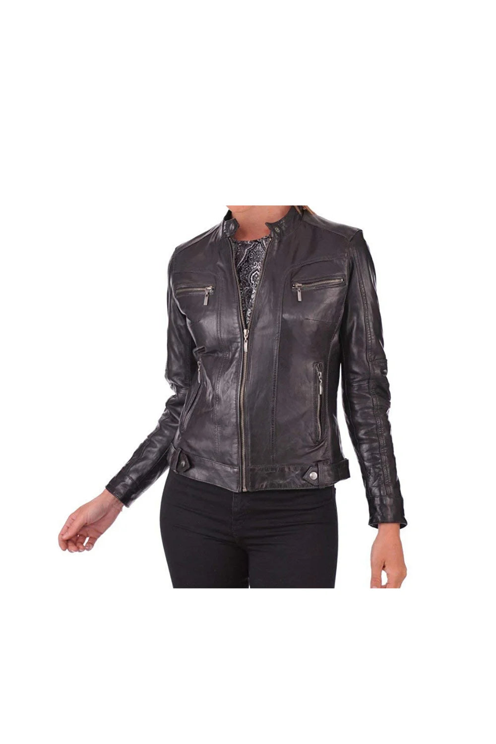Women's Stylish Slim fit Jacket - Leather Biker Jacket Women - X-Small, Black