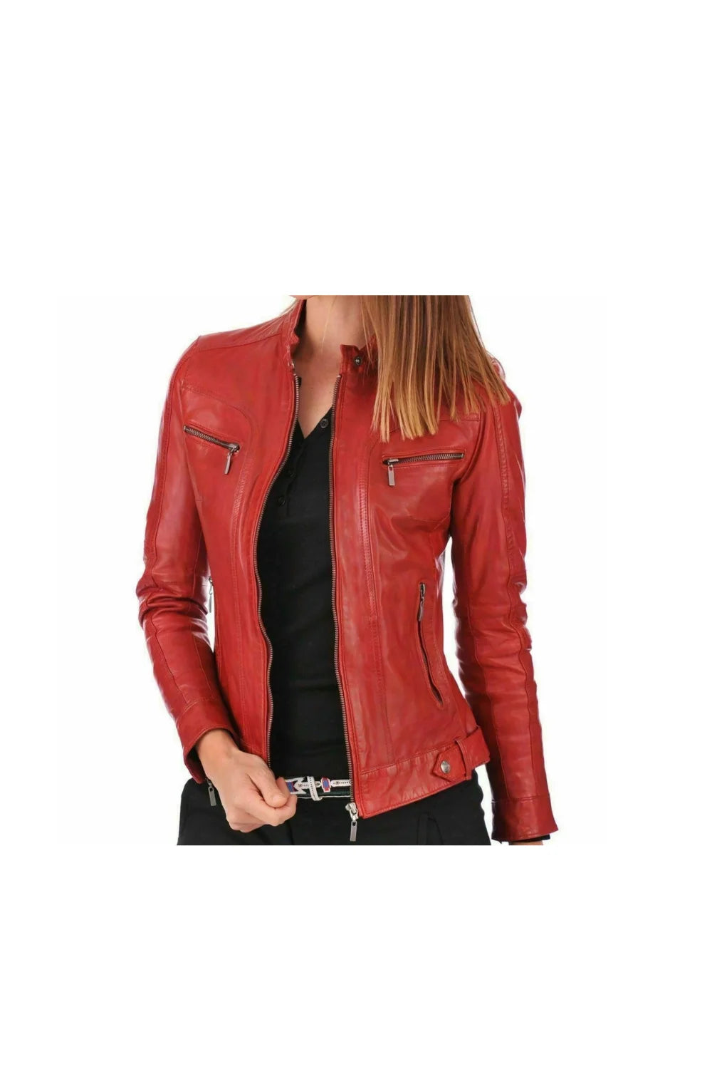 Women's Stylish Slim fit Jacket - Leather Biker Jacket Women - X-Small, Red